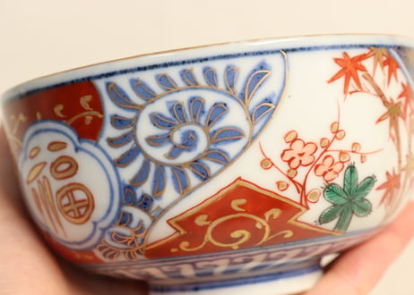 明治前期色絵松竹梅に福寿文字図蒸茶碗 シミあり