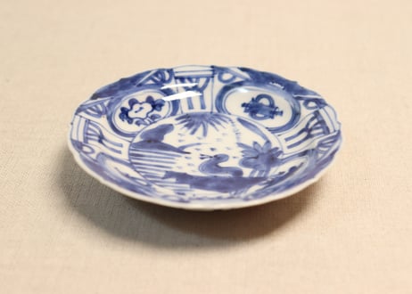 明治前期染付芙蓉手鳥図小皿