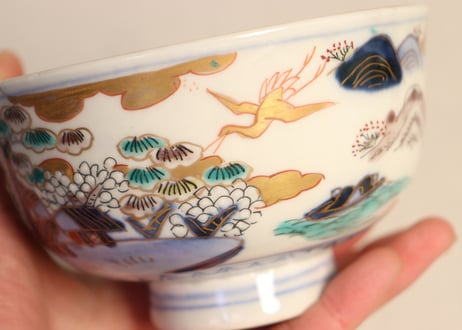 明治前期色絵山水図通り物飯茶碗①