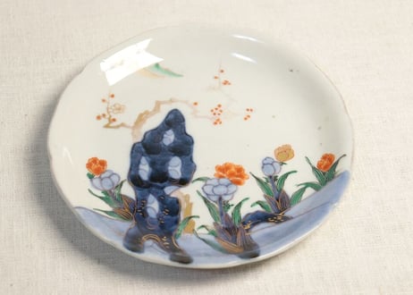 明治前期色絵梅と福寿草図6寸皿 色スレ