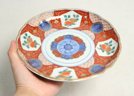 江戸幕末色絵牡丹と青玉図通り物7寸皿①