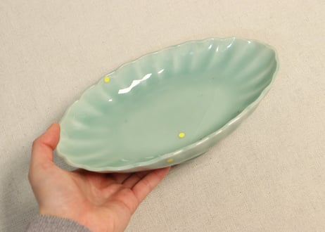 江戸中期青磁舟形皿①少かたつき,少甘手