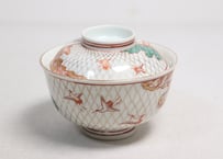 明治前期色絵網手に鶴と梅に鶯図通り物飯茶碗