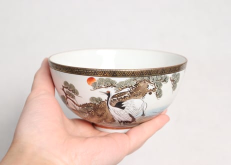 明治前期九谷焼色絵松鶴図通り物飯茶碗