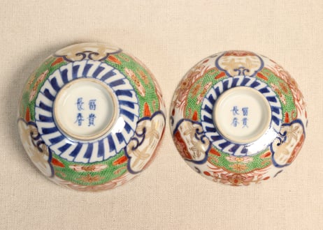 明治前期色絵若松と牡丹図飯茶碗