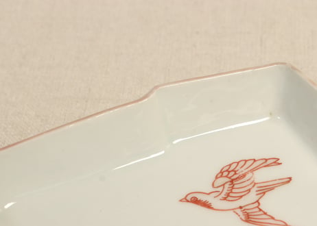 明治後期～大正色絵紅葉と鳥図縁立菱形皿②釉剥げ