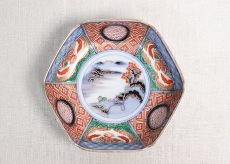 明治前期大聖寺焼色絵山水に鳳凰と幾何学文六角小鉢