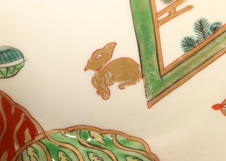 明治前期色絵松図屏風と犬図5寸皿