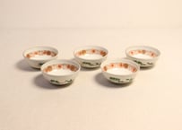 明治前期色絵菊に唐草と野菜図輪茶碗 5客組