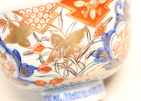 明治前期色絵芦に鳥と牡丹図通り物飯茶碗