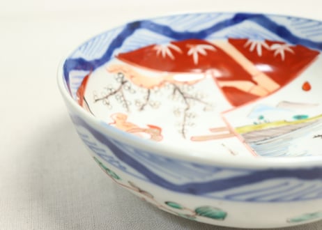 明治前期色絵山水と花鳥図割絵6寸鉢　ノミホツ,膨れ