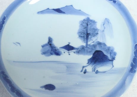 江戸幕末染付ダミ縁山水図６寸皿