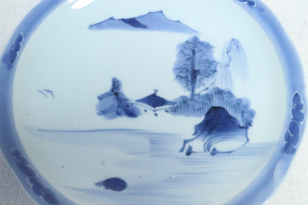 肥前平戸焼嘉祥作染付漢詩山水画六寸皿六客共箱MR4532B