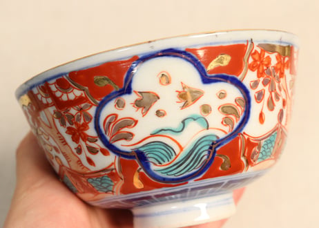 明治後期～大正色絵桜と波千鳥図通り物飯茶碗