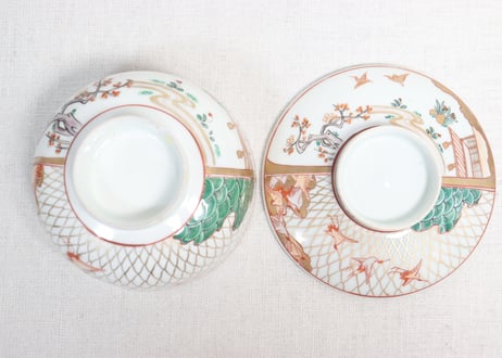 明治前期色絵網手に鶴と梅に鶯図通り物蒸茶碗②高台ホツ,高台内柄無し