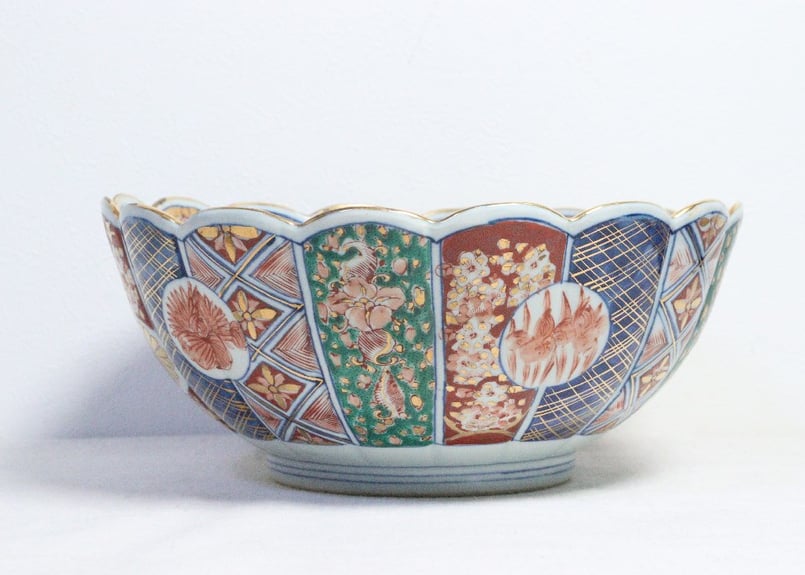 明治後期~大正色絵大聖寺焼菊図菊花弁三つ組鉢 小甘手 | 吉祥寺 明治後期~大正色絵大聖寺焼菊図菊花弁三つ組鉢 小甘手 | 吉祥寺