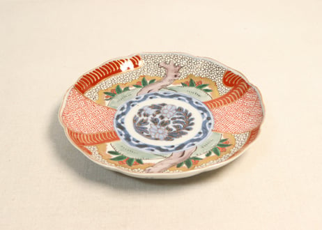 明治前期色絵桜に万年青図通り物7寸皿②少甘手