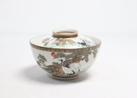 明治前期九谷焼色絵松鶴図通り物飯茶碗