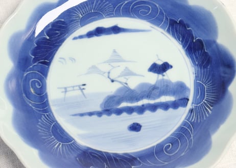 江戸幕末染付山水と花図7寸皿