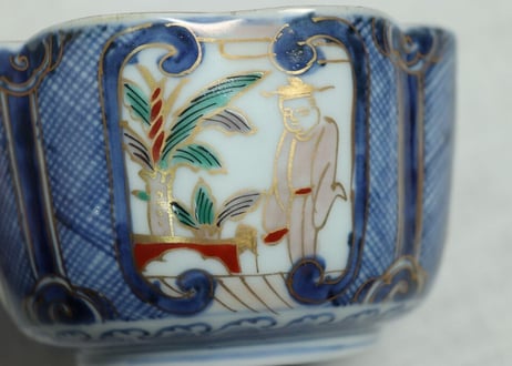 江戸中期色絵四方芭蕉と人物図角向付 ノミホツ