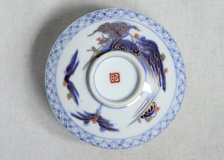 明治前期金彩染付山水図蒸茶碗