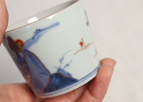 江戸後期色絵山水図通り物小猪口 高台ホツ