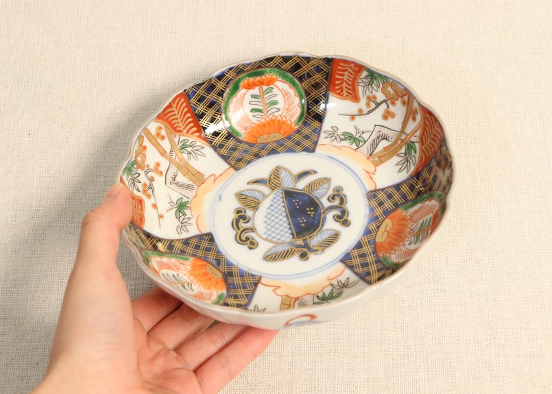 中皿 5枚 金彩 色絵付 歪み 窯傷 松竹梅 花文様 唐草 江戸 明治 明治前期色絵桃と松竹梅図なます皿 | 吉祥寺PukuPuku