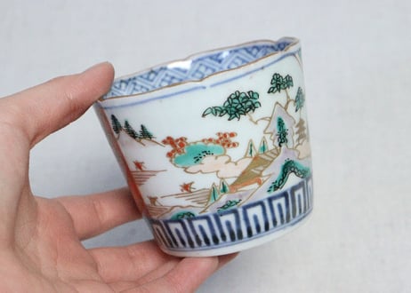 江戸後期色絵山水に丸文図猪口　5客組