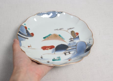 江戸後期色絵山水図7寸皿③裏柄有り