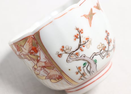 明治前期色絵網手に鶴と梅に鶯図通り物向付①