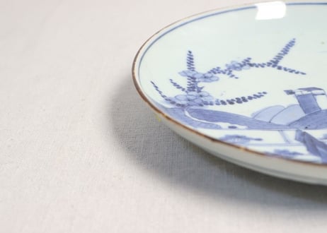 江戸中期染付山水図7寸皿 ニュウ