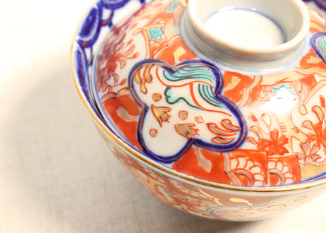 明治後期～大正色絵桜と波千鳥図通り物飯茶碗