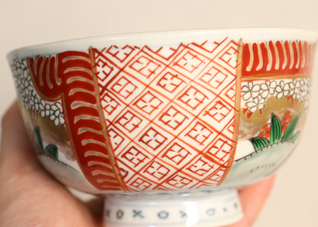 明治前期色絵桜と万年青図通り物飯茶碗②薄め