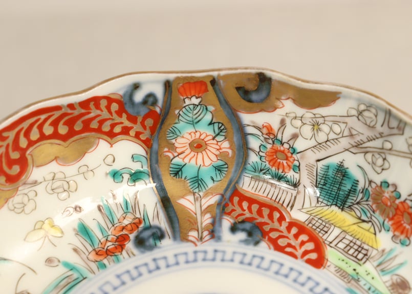 なます皿 5客 松竹梅 色絵付 見込印判 唐草 花文様 明治 木箱 なます皿 5客 松竹梅 色絵付 見込印判 唐草 花文様 明治 木箱