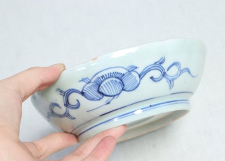 江戸幕末染付線描き牡丹図なます皿