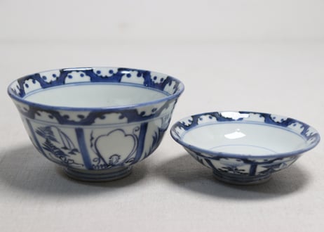 江戸後期染付草花割絵と雪輪図蓋茶碗