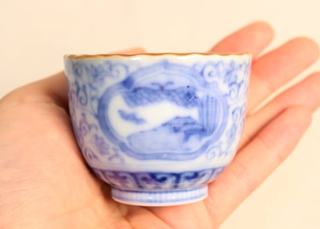 明治前期染付三方に山水窓絵と萩唐草図イゲ縁通り物小向付