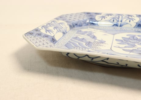 江戸幕末線描き山水と牡丹図角皿　ムシクイ,ノミホツ
