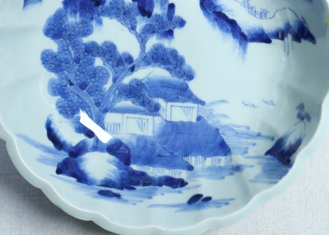 江戸幕末染付山水図輪花７寸鉢