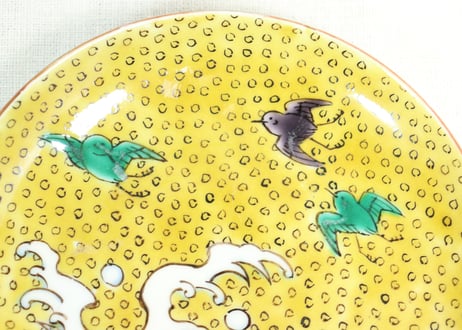 明治後期～大正九谷焼色絵波千鳥図5寸皿5客組　1客釉剥げ