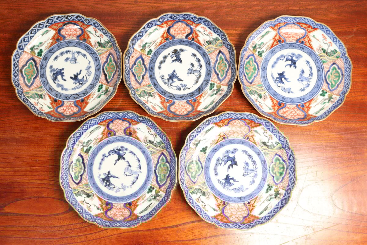 江戸中期色絵山水と牡丹図7寸皿 5客組 | 吉祥寺PukuPuku