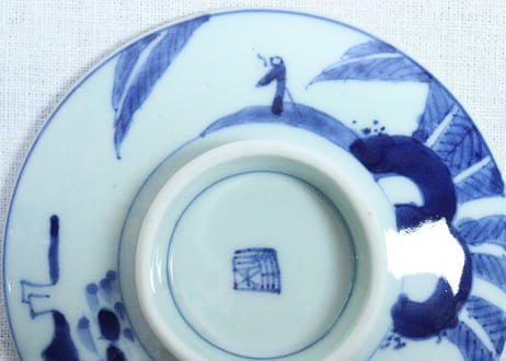 明治後期～大正染付山水に芭蕉図蒸茶碗