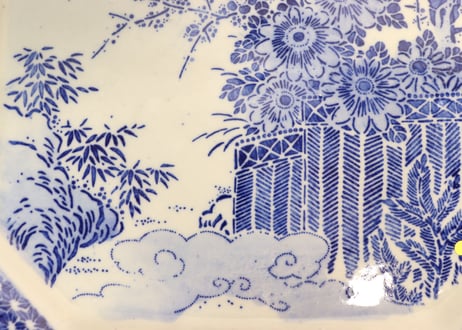 明治前期紙刷松竹梅に菊と千鳥図角皿　少甘手