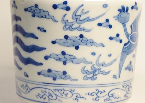 明治前期染付鳳凰図銚子 共箱付き,2ｐセット/ニュウ,蓋小ホツ複数