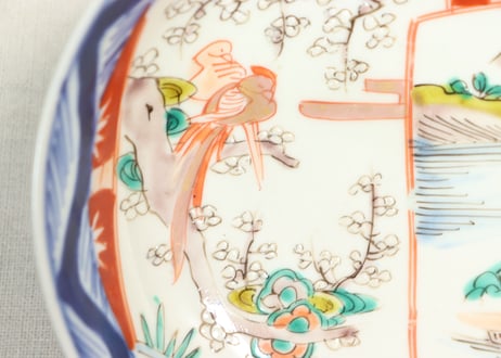 明治前期色絵山水と花鳥図割絵5寸鉢