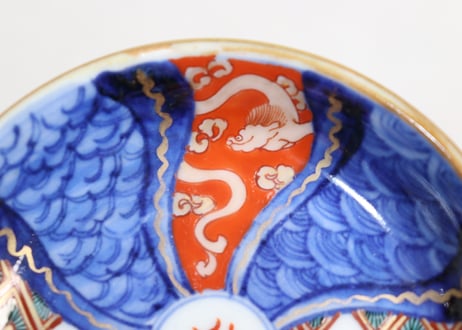 江戸幕末色絵龍と幾何学図捻子文小皿①
