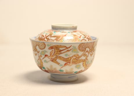 明治前期色絵松鶴図通り物飯茶碗