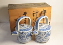 明治前期染付鳳凰図銚子 共箱付き,2ｐセット/ニュウ,蓋小ホツ複数
