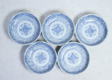 江戸幕末染付線描き四方に花図なます皿　ノミホツ　５客組