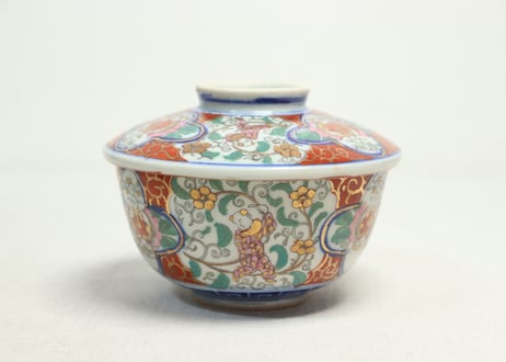 明治後期～大正色絵プリント花と唐子図蒸茶碗